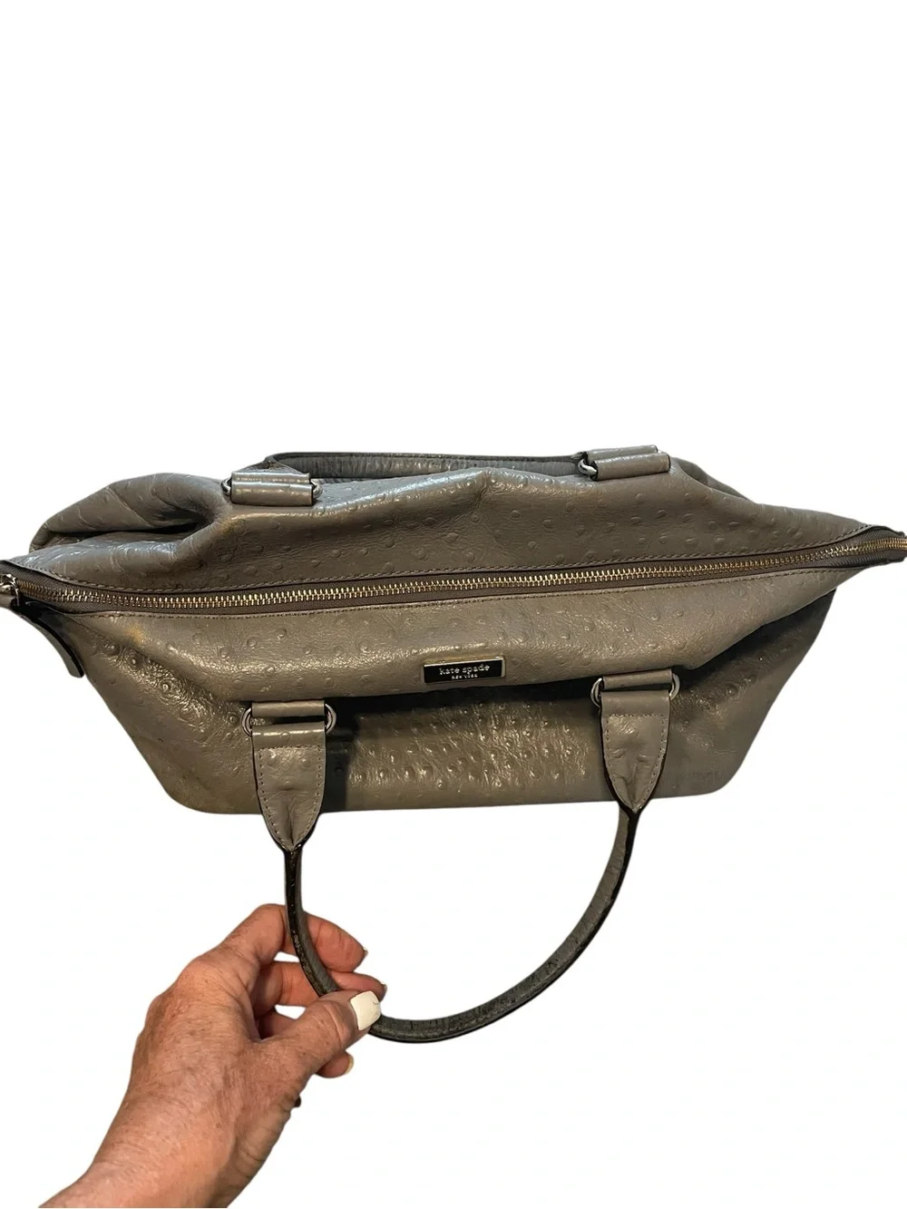 Kate Spade Gray Ostrich Embossed Leather Satchel Handbag